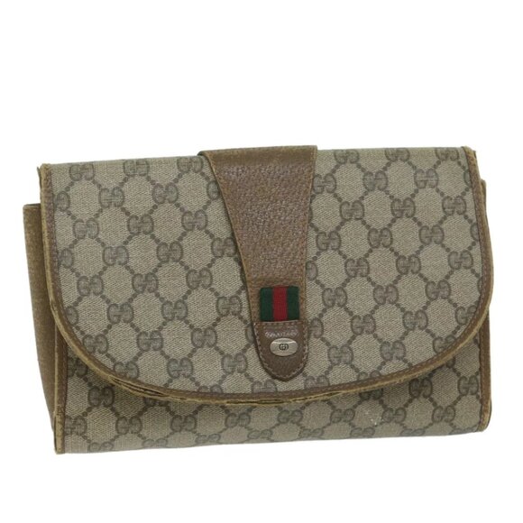 GUCCI GG Canvas Web Sherry Line Clutch Bag PVC Beige Green Red Auth 64005 - Picture 1 of 15